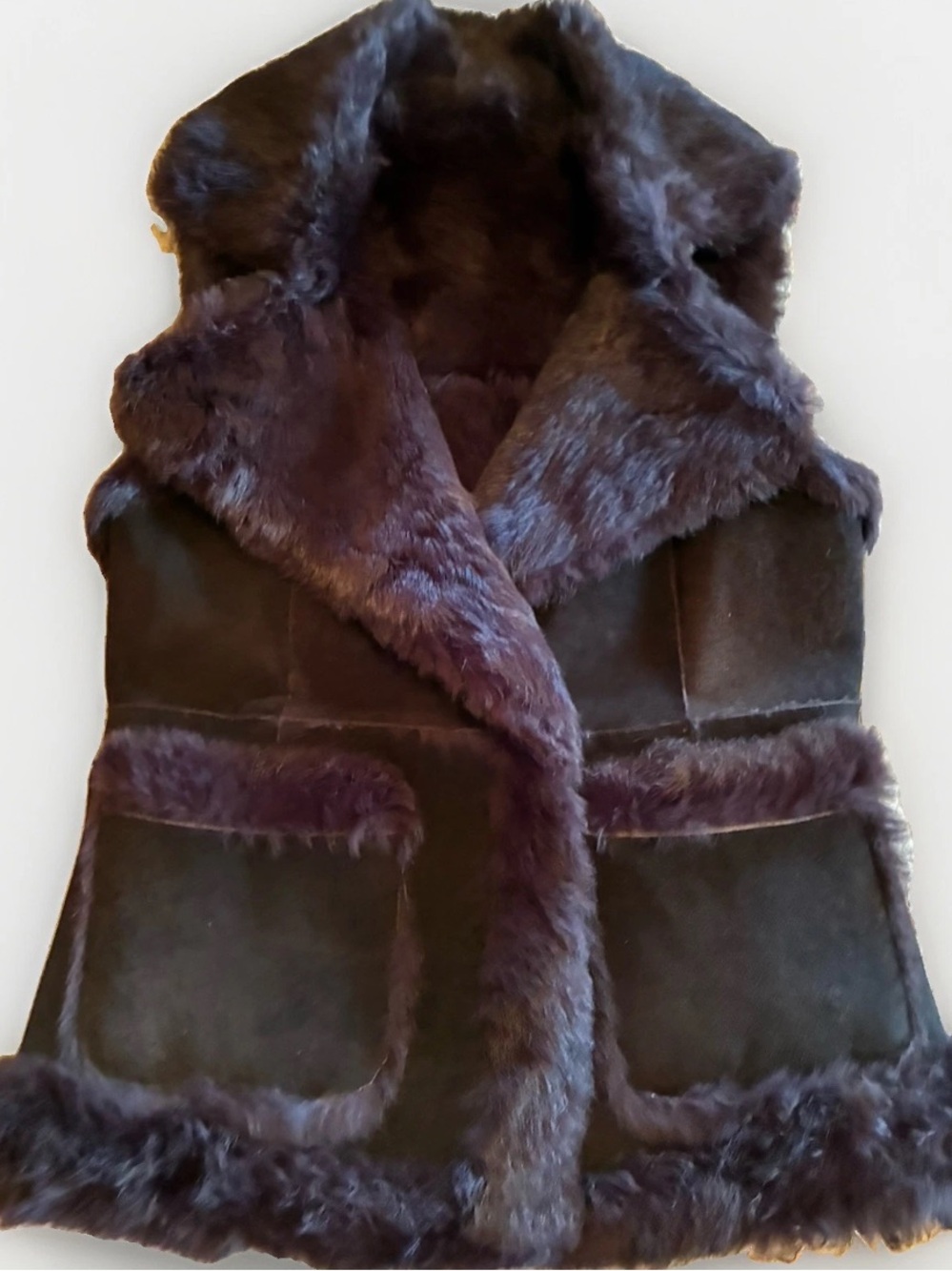 Reversible Dk Brn Suede and Real Rabbit Fur Vest Black Size S EUC